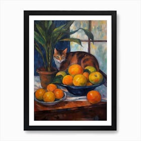 Flower Vase Paradise With A Cat 4 Impressionism, Cezanne Style Art Print