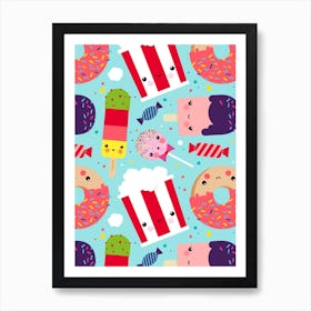 Ice Cream And Sweets Kawaii Pattern Art Print