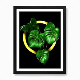 Monstera. Big green leaves in a gold circle on a black background. Art Print