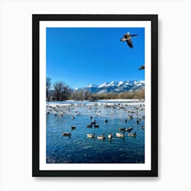 A Detailed Wildlife Scene Featuring A Flock Of Wild Geese Interspersed With Ducks In A Chilly Winter 2 Art Print