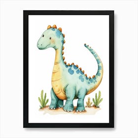 Blue Dinosaur Watercolour Cartoon Art Print