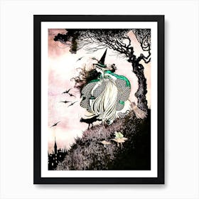 The Little Witch by Ida Rentoul Outhwaite - Remastered Illustration in Black and Pink - Green Witch With A Broomstick, Frog and Black Cat - Fairytale Vintage Victorian Witchcore Famous Witchy Cottagecore Fairycore Art Print