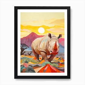 Rhino At Sunrise Collage Style 2 Art Print
