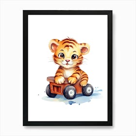 Baby Tiger On A Toy Car, Watercolour Nursery 2 Art Print