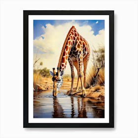 Giraffe Drinking Water Art Print