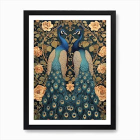 Two Peacocks Floral Wallpaper 1 Art Print