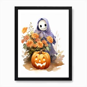 Cute Ghost With Pumpkins Halloween Watercolour 44 Art Print