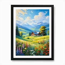 A Tranquil Countryside House Kissed By Suns Cheerful Warm And Radiant Rays Amidst Fluffy Clouds Art Print