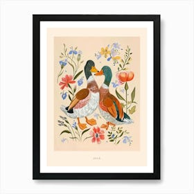 Folksy Floral Animal Drawing Duck 4 Poster Art Print