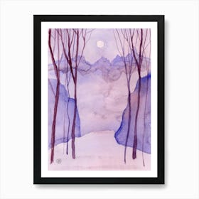 Purple Misteria 1 - watercolor vertical nature moon night trees mauve lilac hand painted Art Print