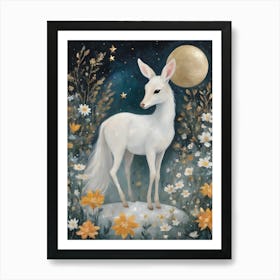 Enchanted ~ Dreamy Fawn Enchanting Woodland Creature Painting With Gold Moon and Florals Art Print