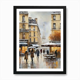 Paris cafes, winter season, Christmas, autumn oil colors, pale colors, pedestrians in the street, winter clothes, falling snow.Christmas decorations.2 1 Art Print