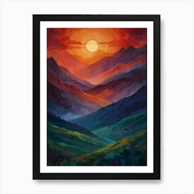 A breathtaking abstract landscape featuring layered mountains in vibrant hues of red, orange, and purple, transitioning into deep blues and greens. 1 Art Print