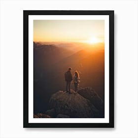 Couple Standing On Top Of Mountain At Sunset Art Print