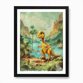 Vintage Cute Dinosaur By The River Painting Art Print