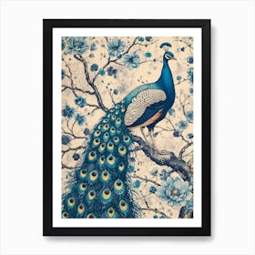 Cream & Blue Peacock On A Tree Branch Art Print