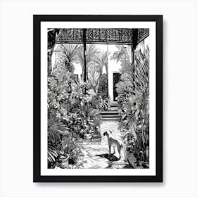 Drawing Of A Dog In Jardin Majorelle Garden, Morocco In The Style Of Black And White Colouring Pages Line Art 01 Art Print