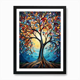 Oak Tree at Spring Sunset, Abstract Vibrant Painting in Van Gogh Style Art Print