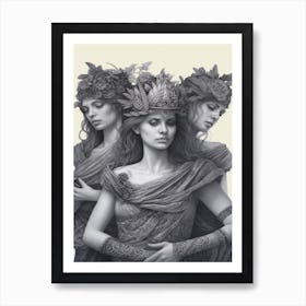 Three Muses, Greek Mythology B&W Drawing 2 Art Print