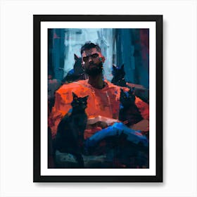 Portrait Of A Man With Cats Art Print