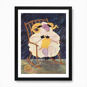 Sheep In A Rocking Chair Knitting Vintage Poster Art Print