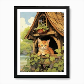 Cute Cats With A Medieval Cottage In The Background 7 Art Print