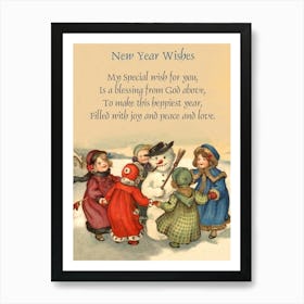 Kids With Snowman And New Year Wishes Poster