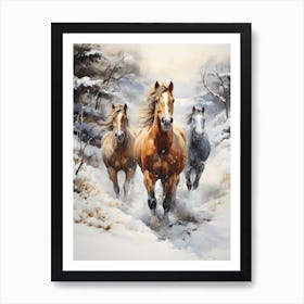 Three Horses Running In The Snow Art Print