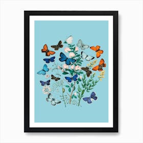 Vintgage Flowers Butterfly Floral Illustration Blue Art Print