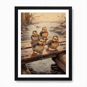 Ducklings On The Wooden Bridge Japanese Woodblock Style 4 Art Print