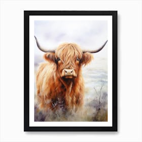 Foggy Highland Watercolour Cow 1 Art Print