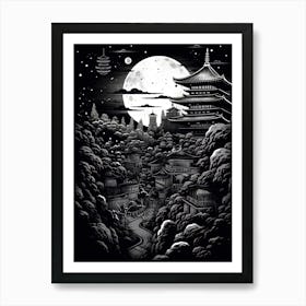 Tokyo In Japan, Ukiyo E Black And White Line Art Drawing 1 Art Print