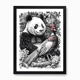 Giant Panda And A Blood Pheasant Ink Illustration 2 Art Print