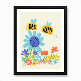 Playful Meadow Bee Happy Bumblebee and Flowers Illustration Kids Art Print