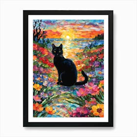 Sunset and Flowers - Beautiful Rainbow Mosiac of Whimsical Black Cat By the Lake as the Sun Sets Whimsy Kitty Art for Cat Lover, Cat Lady, Chakra Pride Pagan Witch Botanical Colorful HD Art Print