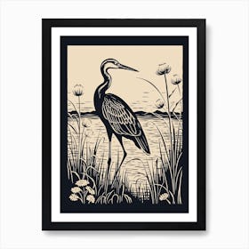 B&W Bird Linocut Egret 1 Art Print