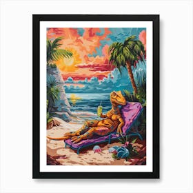 Dinosaur On A Sun Lounger With A Cocktail Painting 1 Art Print