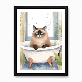 Siamese Cat In Bathtub Botanical Bathroom 2 Art Print