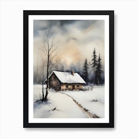 Rustic Winter Oil Painting Vintage Cottage (20) Art Print