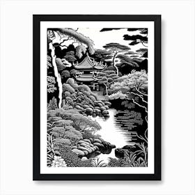 Japanese Friendship Garden, Usa Linocut Black And White Vintage Art Print