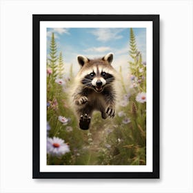 Cute Funny Barbados Raccoon Running On A Field Wild 1 Art Print