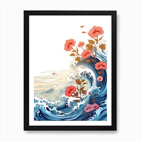Great Wave With Morning Glory Flower Drawing In The Style Of Ukiyo E 2 Art Print