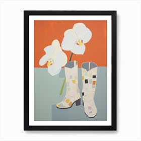 A Painting Of Cowboy Boots With White Flowers, Pop Art Style 13 Art Print