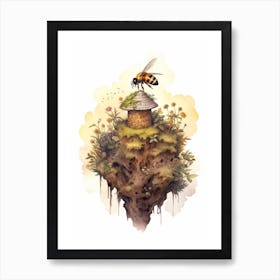 Tawny Mining Bee Beehive Watercolour Illustration 1 Art Print