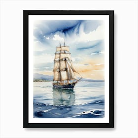 Sailing ship on the sea, watercolor painting 6 Art Print