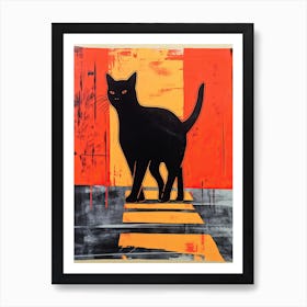 Black Cat, Woodblock Animal  Drawing 6 Art Print