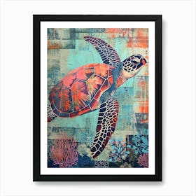 Collage Scrapbook Blue & Coral Sea Turtle Art Print
