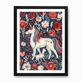 Unicorn & A Dog Blue And Red Floral Art Print