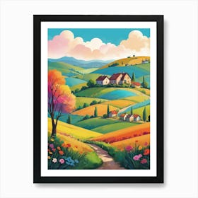 Colorful Countryside Landscape Illustration Art Print Art Print