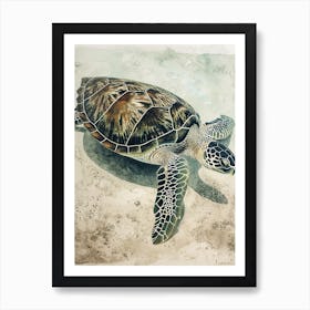 Sea Turtle On The Ocean Floor Textured Illustration 1 Art Print